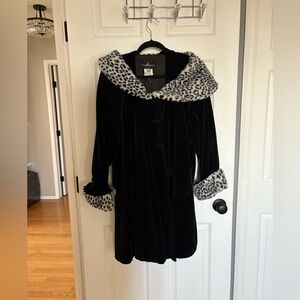 Vintage Black Velvet Coat with Animal Print Trim